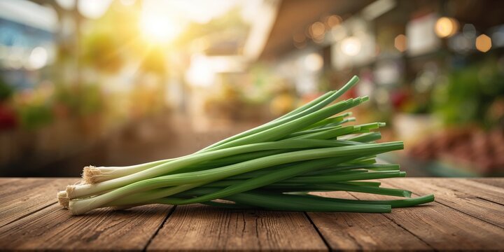 Close-up of bundles of organic green onions at a retail market in Greece, highlighting fresh food choices - Powered by Adobe