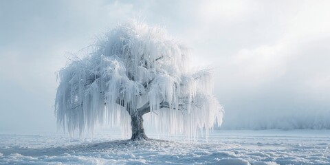 Frozen tree with heavily coated icy branches, seasonal preservation for winter landscape photography