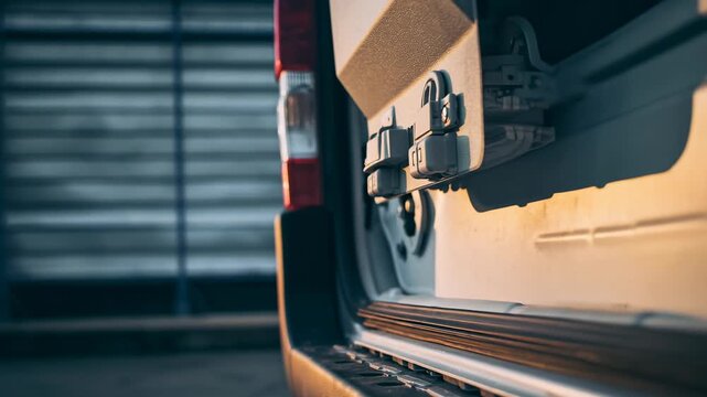 Eco friendly delivery van door with secure metal lock in urban setting, sunlight highlighting modern transportation solution for sustainable logistics and efficient package handling