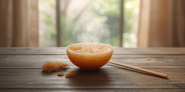 Bird's nest soup displayed on table surface highlighting Asian culinary practices and ingredient preservation