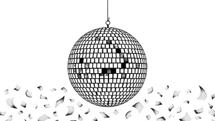 Hanging disco ball with mosaic mirror squares and confetti scattering at the bottom, party and celebration icon in black and white high-contrast vector illustration on a bright background.