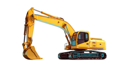 Yellow excavator with articulated arm and bucket on tracks