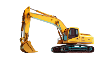 Yellow excavator with articulated arm and bucket on tracks