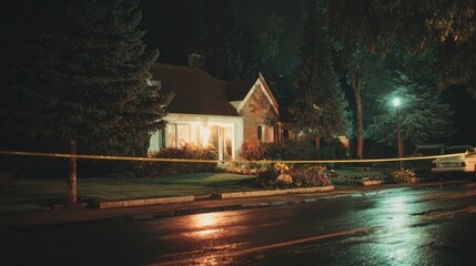 Serene Nighttime Scene of a House with Police Tape and Glowing Porch Light