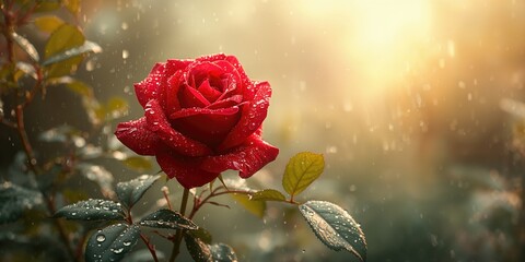 Vivid red rose with dew drops, highlighting natural beauty for botanical photography backgrounds