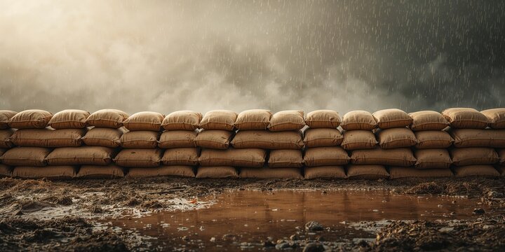 Close-up of sandbag stack forming a protective barrier, flood defense measures, Earth Day