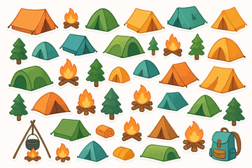 Colorful array of camping icons with tents, campfires, and trees