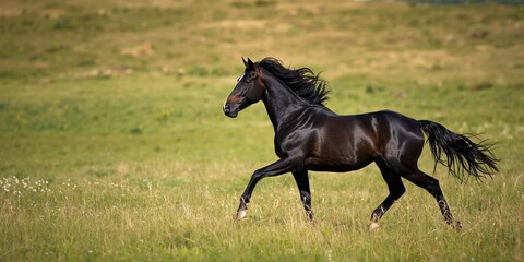 Farm scene with a black horse in motion, highlighting agricultural setting