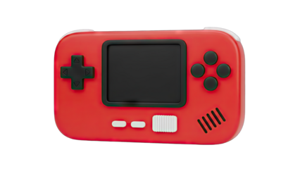 Close-up of a red handheld gaming console with a black screen and directional controls on a transparent background