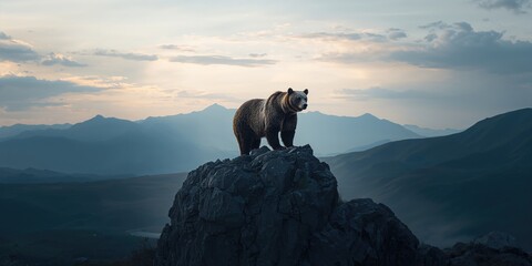 Bear resting on a rocky outcrop in a rugged mountain terrain, wildlife habitat conservation awareness