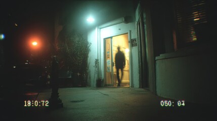 Silhouette of a Figure Exiting a Building in Foggy Night Atmosphere