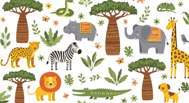 Seamless pattern with cute african animals isolated on white background vector illustration with giraffe, elephant, lion, zebra, hippo, crocodile and snake