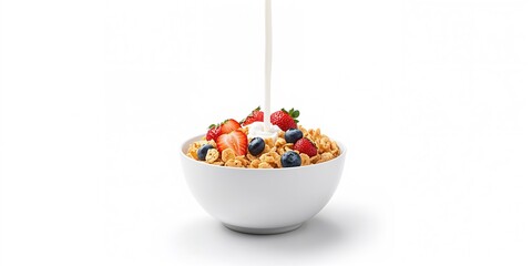 Cornflakes cereal topped with fresh strawberries and blueberries in a white bowl, focusing on nutritious fruit additions, Nutrition Month