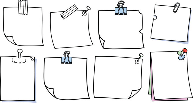 Collection of blank paper notes with various clips and pins isolated on white background perfect for reminders, todo lists, or creative projects