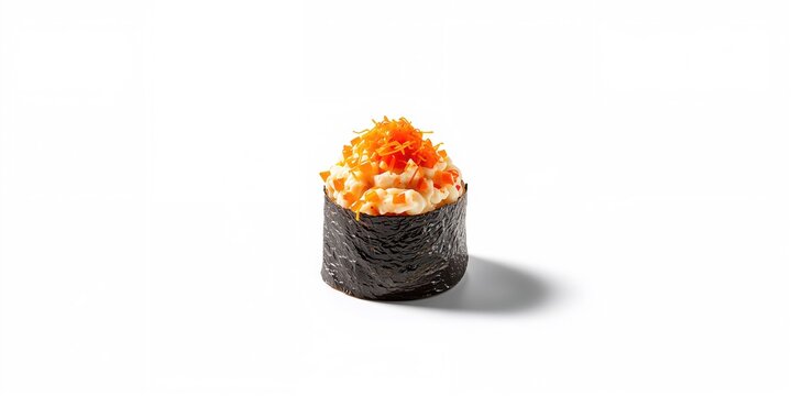 Close-up of gunkan sushi wrapped in nori with crab salad and orange tobiko, serving as a food ingredient safety reference