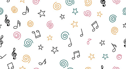 Playful music themed pattern featuring hand drawn musical notes, stars, and swirls isolated on white background for a fun and creative design