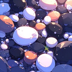 Glossy rocks, black, white, peach and blue, fill the scene. Sunlight highlights many rocks, cartoon styled