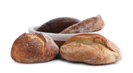 Different types of bread loaves isolated on white