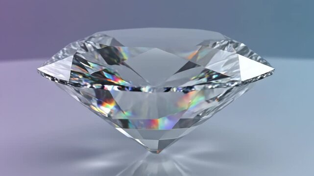 Close up of a brilliant cut diamond gemstone showing fire and dispersion against a soft gradient background