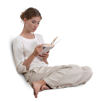 Woman in white casual home outfit and reading a book sitting on an invisible sofa, isolated on white and transparent background