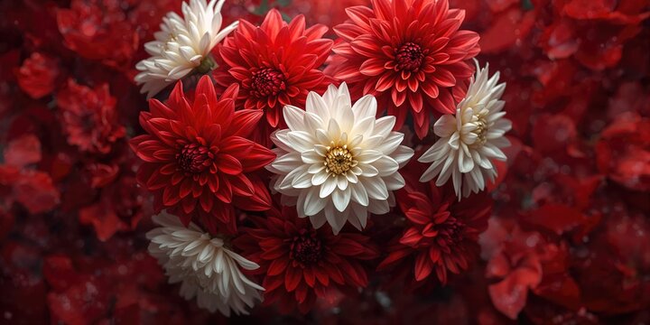 Red and white dalias in full bloom captured from above, suitable for floral wallpaper design