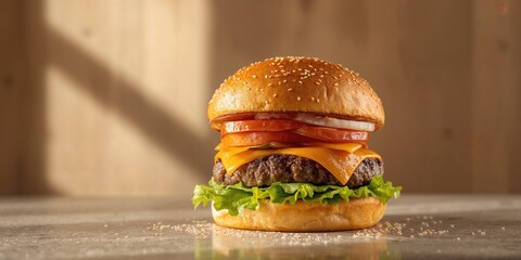 Big cheeseburger with melted cheese lettuce and tomato, fast food meal with saturated fat concerns