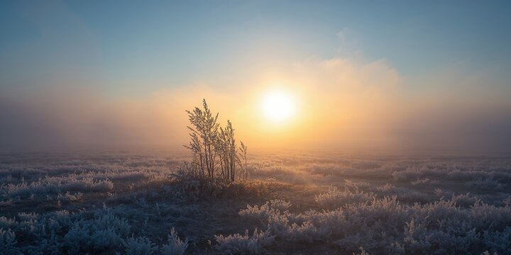Frosty landscape shrouded in fog with rising sun, seasonal change awareness - Powered by Adobe