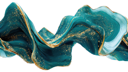 Abstract flowing teal and gold waves with textured details