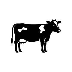 A black and white silhouette of a Holstein cow standing on a white background.