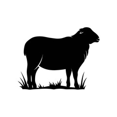 A black silhouette of a sheep standing in a patch of grass.