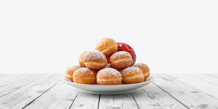 Plate of beignets with a jam donut in the background, designed for bakery or dessert layout use