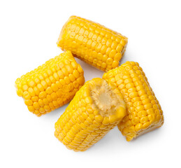 Pieces of boiled corncobs isolated on white, top view