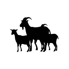 Silhouette of a family of goats, including a large male goat and two smaller goats, standing together.