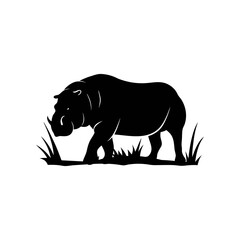 A black silhouette of a hippopotamus walking through tall grass, depicted in a simple, graphic style.