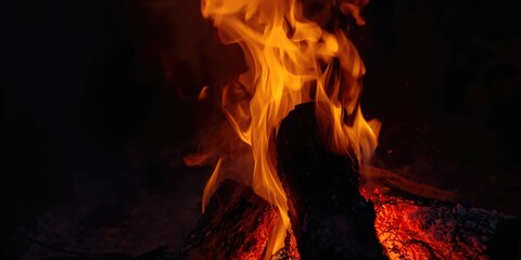 Close-up of burning firewood with bright red embers and ash, highlighting combustion efficiency and safety, Earth Day