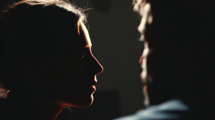 Silhouetted Profile of Two People Sharing an Intimate Moment in Dim Lighting