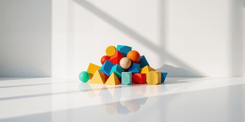 Set of vibrant wooden geometric toys arranged for fine motor skill practice on a white surface, childhood learning environment