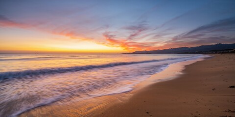 Obraz premium Long exposure of a beach at sunset, tranquil sky colors, ideal for background design