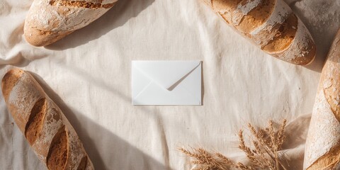 Blank envelope and card on a fabric background with bread, designed for branding or messaging purposes