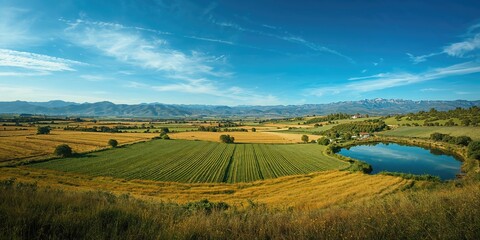 Fototapeta premium Bird's-eye perspective of Sardinian farmland illustrating land use and irrigation layout, useful for environmental analysis