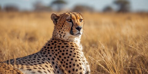 Close-up of a cheetah in the savanna, speed and agility, Earth Day