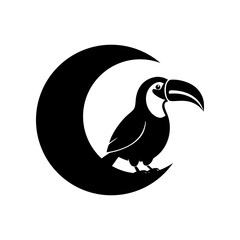 Fototapeta premium Black silhouette of a toucan bird perched on a crescent moon, a simple graphic design.