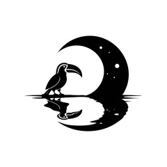 Fototapeta premium Black silhouette of a toucan perched on a water surface with a crescent moon and stars in the background, reflected below.