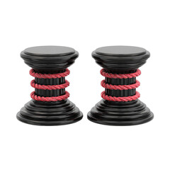 Two black hourglass-shaped decorative objects with red rope accents