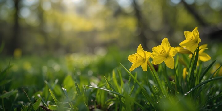 Close up of Gagea lutea yellow star-of-Bethlehem flowers in spring, seasonal flowering patterns