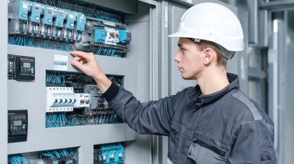 Engineer adjusts constant monitoring devices attached to an induction furnace control panel analyzing temperature and energy consumption data.
