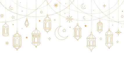 Elegant ramadan lanterns hanging with celestial elements