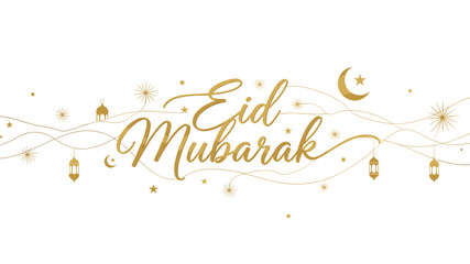 Eid mubarak greeting card with golden lanterns and stars