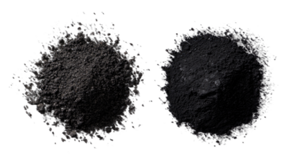 Two piles of dark, granular material, one fine powder, one coarser