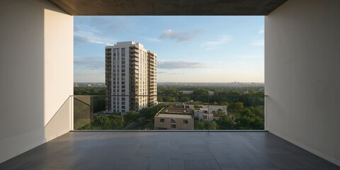 Fototapeta premium Apartment building seen from a balcony with cityscape view, urban living environment